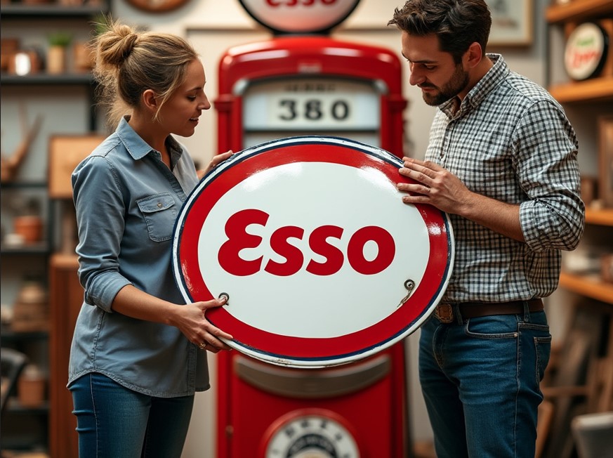 Appraising a Esso oval porcelain sign. 2 people holding sign carefully 