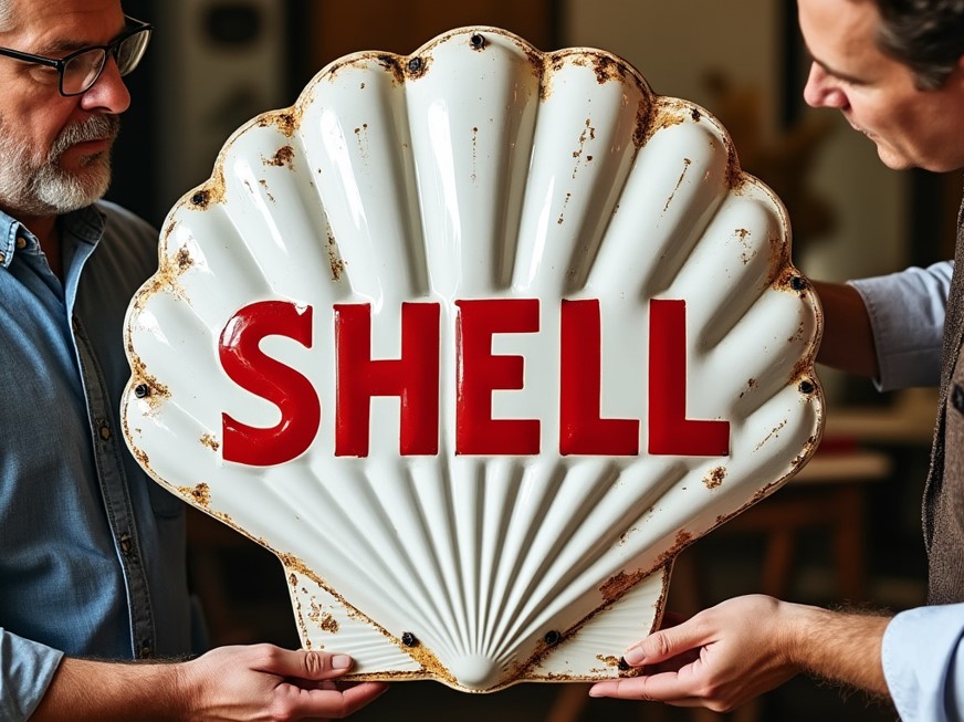 Shell Gasoline sign that an appraiser is holding up