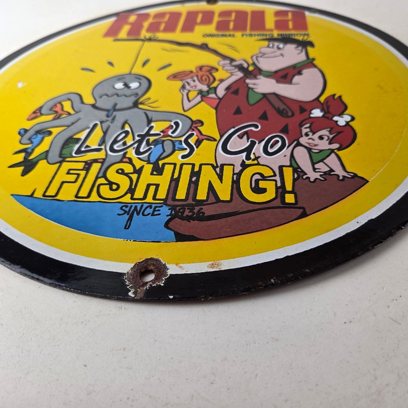 Vintage Rapala Fishing Lures Sign - Flintstones Porcelain Gas Pump Plate Sign - Image 9