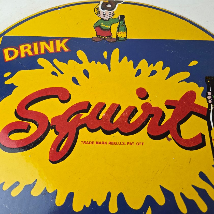 Vintage Squirt Soda Boy Sign - Gas Pump Wall Service Porcelain Cola Sign