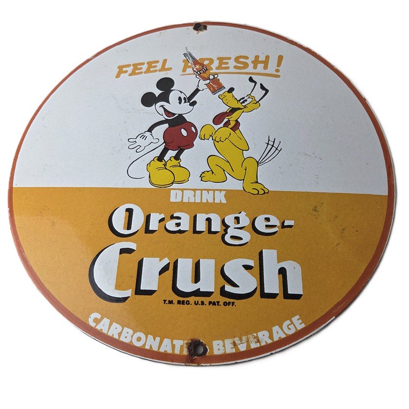 Vintage Porcelain Sign - Orange Crush Beverage Mickey Mouse Gas Station Sign