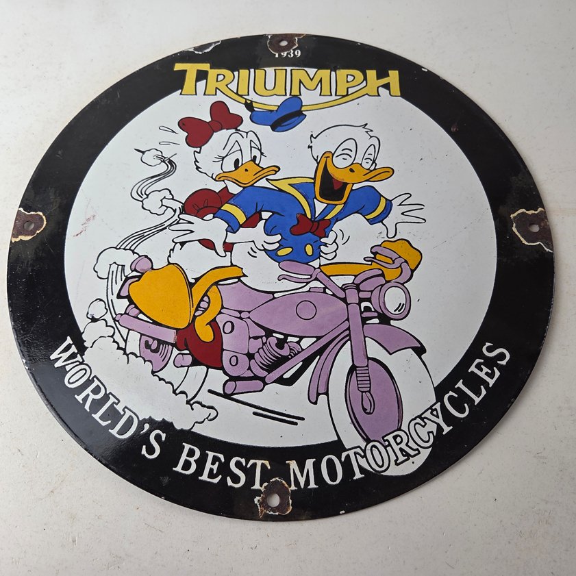 Vintage Triumph Donald Daisy Motorcycle Porcelain Sign - Disney Triumph Sign - Image 14