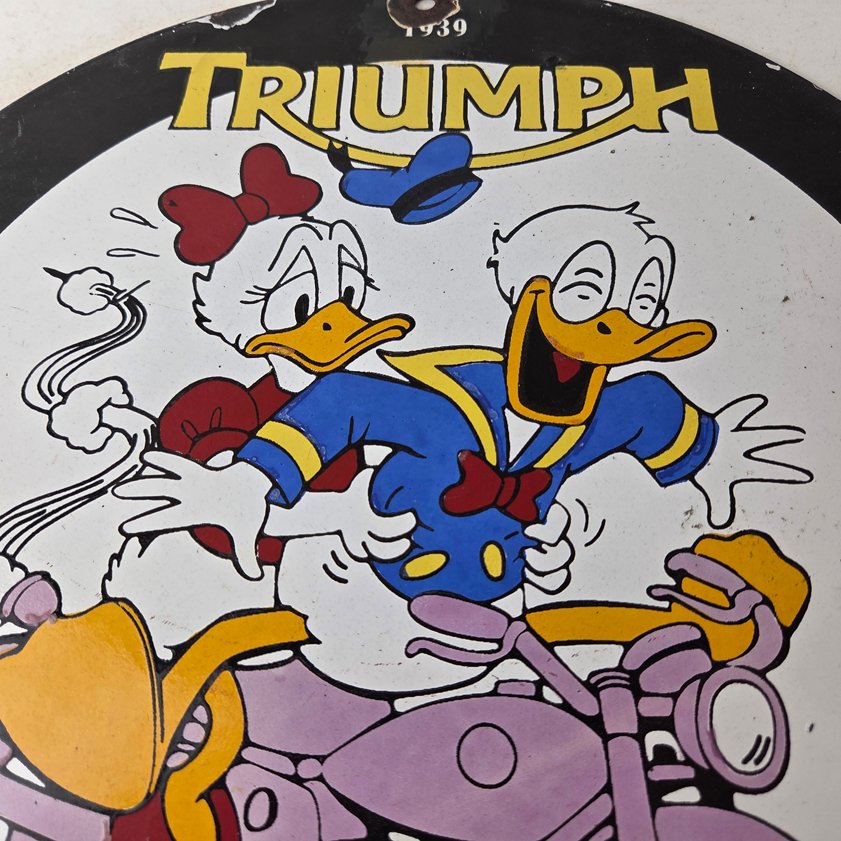 Vintage Triumph Donald Daisy Motorcycle Porcelain Sign - Disney Triumph Sign - Image 2
