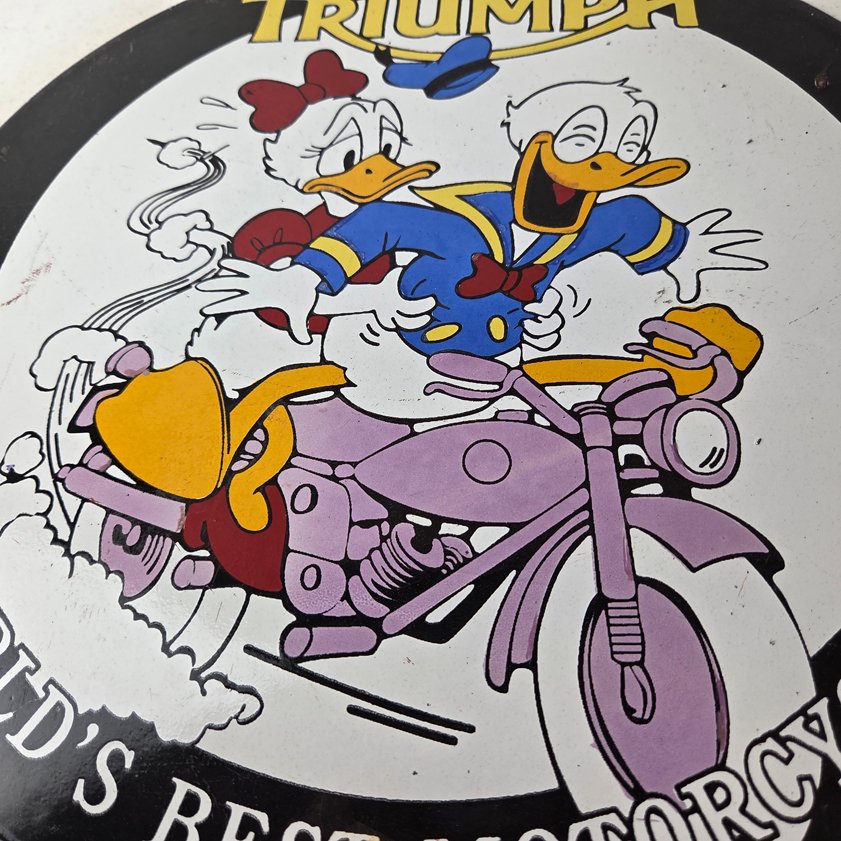 Vintage Triumph Donald Daisy Motorcycle Porcelain Sign - Disney Triumph Sign - Image 3