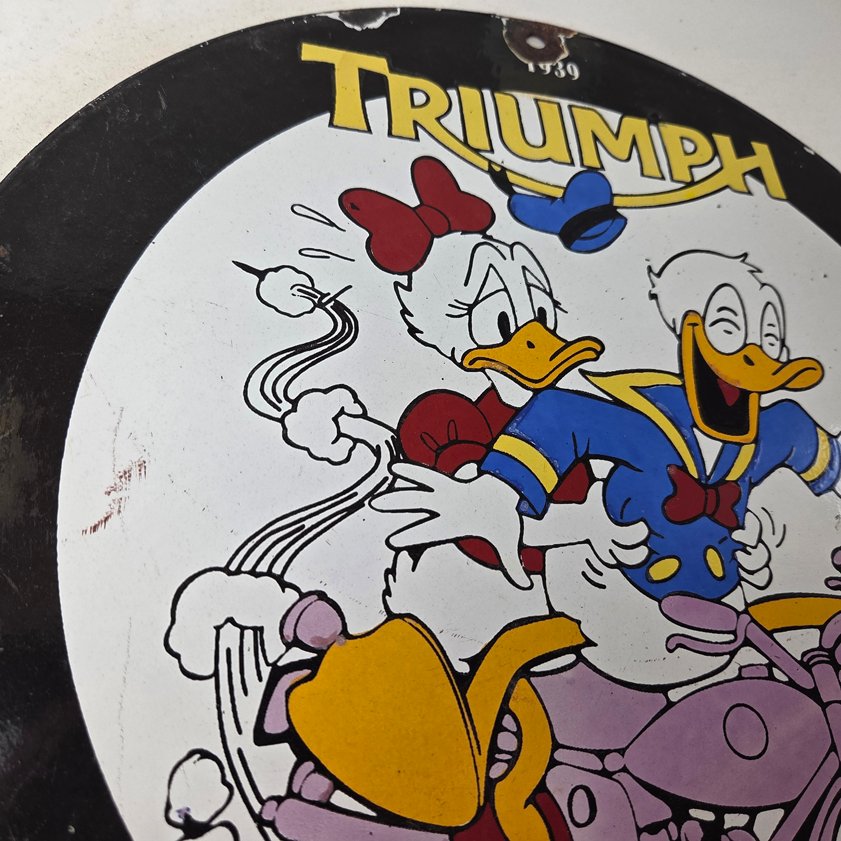 Vintage Triumph Donald Daisy Motorcycle Porcelain Sign - Disney Triumph Sign - Image 4