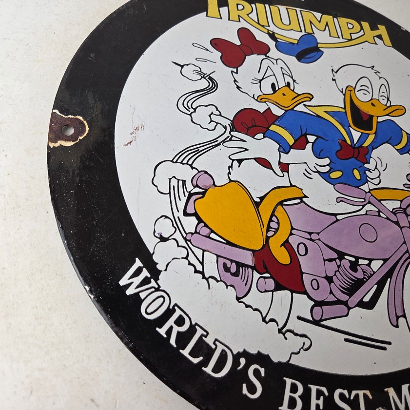 Vintage Triumph Donald Daisy Motorcycle Porcelain Sign - Disney Triumph Sign - Image 8