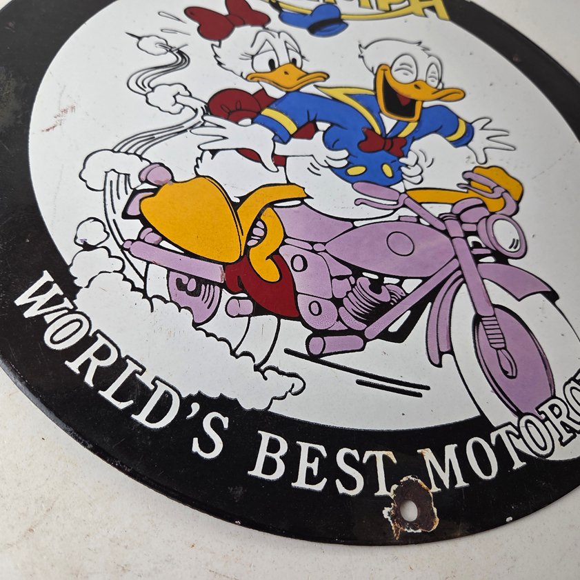 Vintage Triumph Donald Daisy Motorcycle Porcelain Sign - Disney Triumph Sign - Image 9
