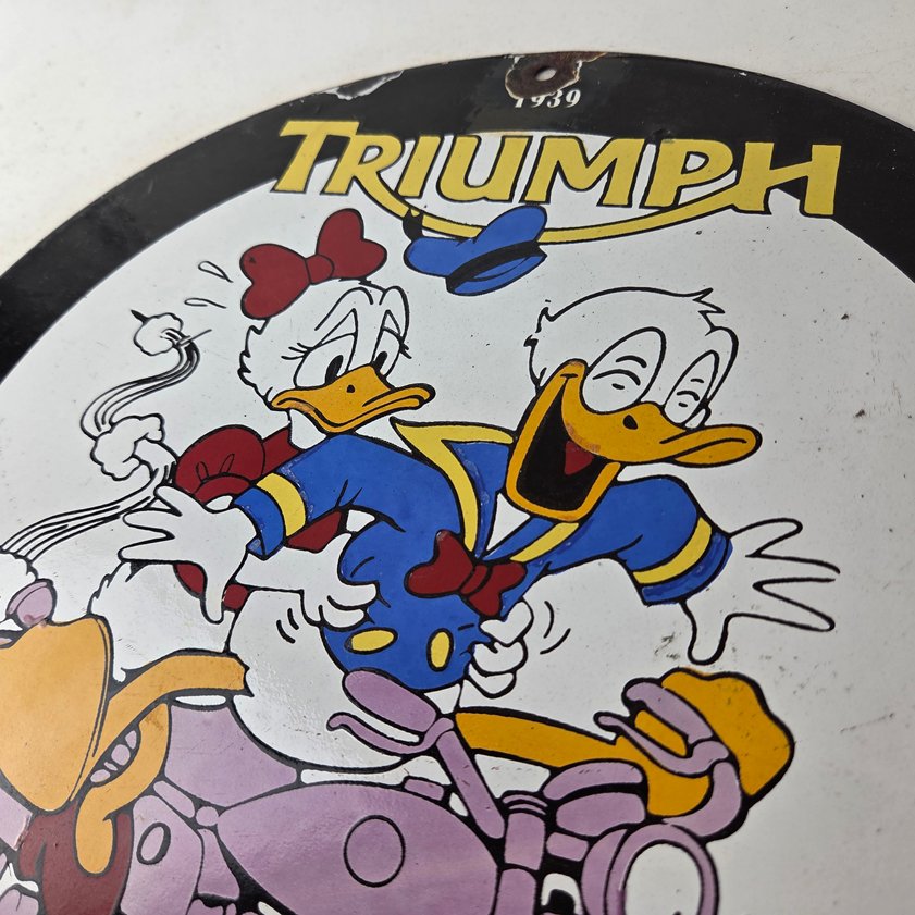 Vintage Triumph Donald Daisy Motorcycle Porcelain Sign - Disney Triumph Sign - Image 10