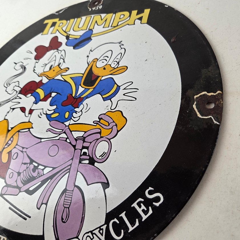 Vintage Triumph Donald Daisy Motorcycle Porcelain Sign - Disney Triumph Sign - Image 11