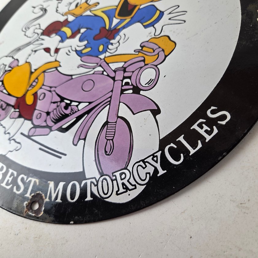 Vintage Triumph Donald Daisy Motorcycle Porcelain Sign - Disney Triumph Sign - Image 12