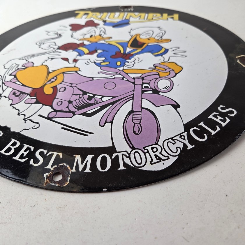 Vintage Triumph Donald Daisy Motorcycle Porcelain Sign - Disney Triumph Sign - Image 13