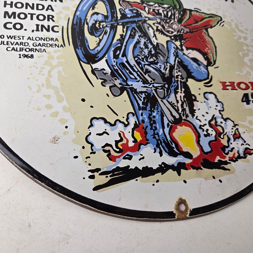 Vintage Honda Hot Rod Sign - Motorcycle Biker Rat Fink Gas Pump Porcelain Sign - Image 10