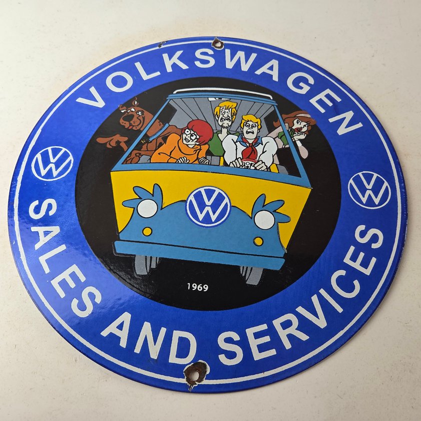 Vintage Volkswagen Sign - Porcelain VW Bus Service Scooby Doo Gas Sign