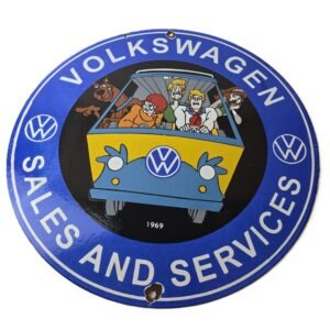 This vintage Volkswagen Automobiles porcelain sign is a must-have for any collector or enthusiast of automobile memorabilia. The sign features the iconic VW bug in excellent color, making it a unique addition to any gas and oil themed collection. Made of porcelain, this dealership sales sign is durable and measures 12" across. Whether you are displaying this sign as part of your collection in your man cave, shop, bar, or garage, or giving it as a gift, you can also browse my other auctions for more vintage gas, oil, aviation, automobile, motorcycle, and hunting signs.
