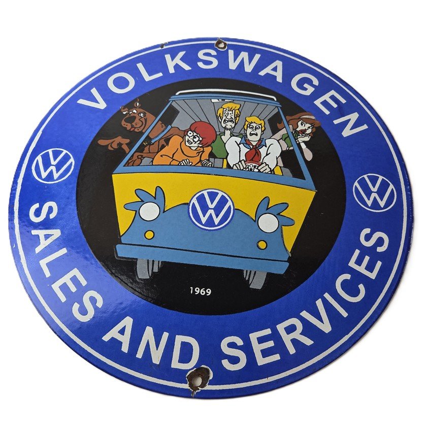 This vintage Volkswagen Automobiles porcelain sign is a must-have for any collector or enthusiast of automobile memorabilia. The sign features the iconic VW bug in excellent color, making it a unique addition to any gas and oil themed collection. Made of porcelain, this dealership sales sign is durable and measures 12" across. Whether you are displaying this sign as part of your collection in your man cave, shop, bar, or garage, or giving it as a gift, you can also browse my other auctions for more vintage gas, oil, aviation, automobile, motorcycle, and hunting signs.