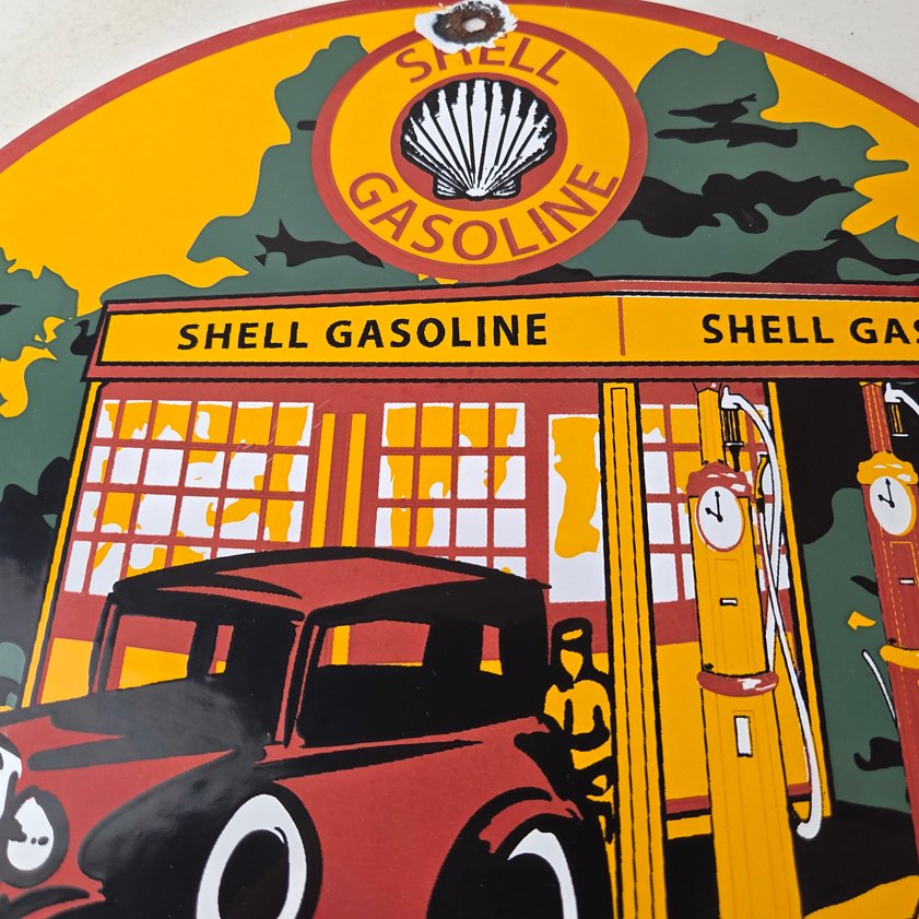 Vintage Shell Gasoline Sign - Shell Clam Gas Car Pump Porcelain Sign - Image 2