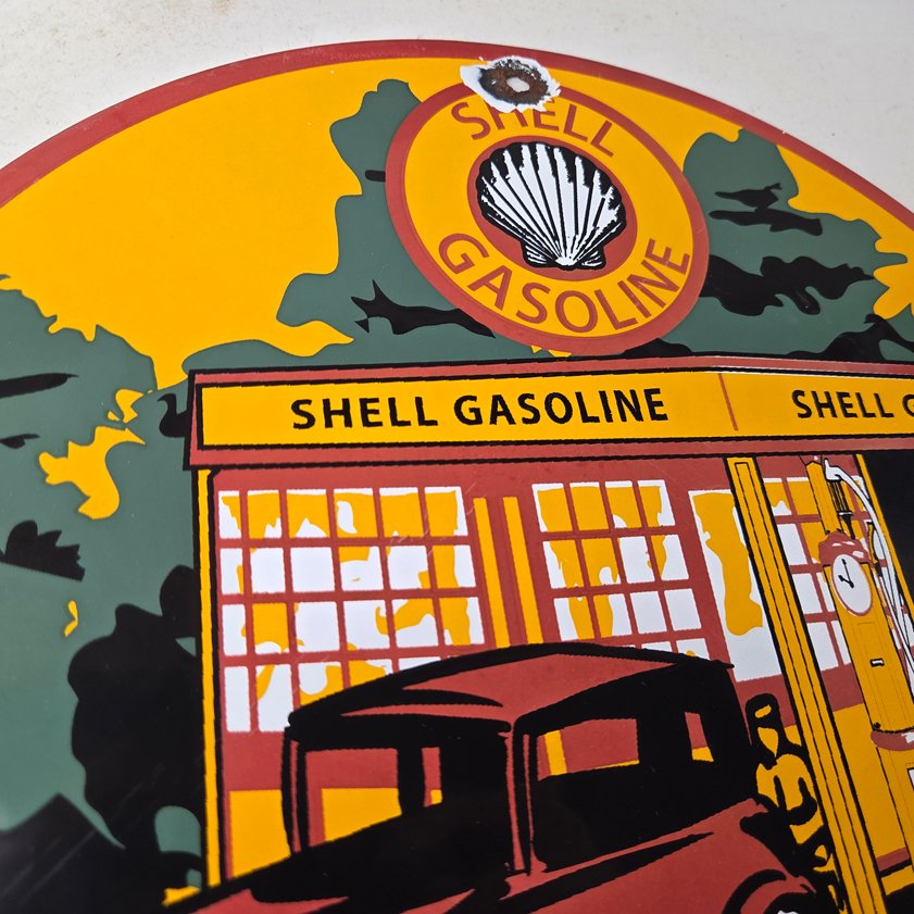 Vintage Shell Gasoline Sign - Shell Clam Gas Car Pump Porcelain Sign - Image 4