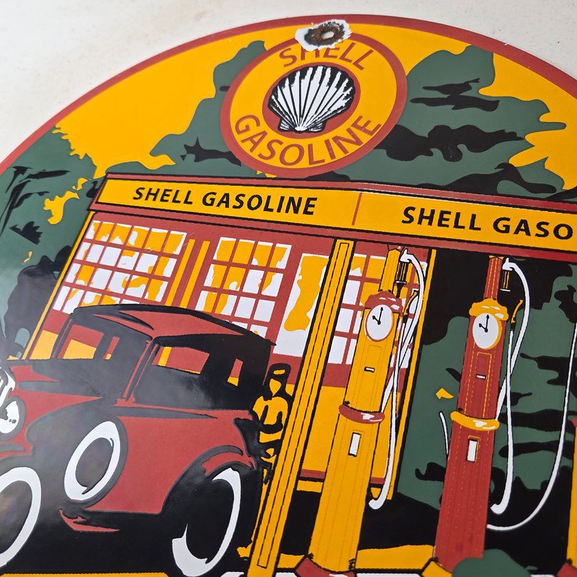 Vintage Shell Gasoline Sign - Shell Clam Gas Car Pump Porcelain Sign - Image 11