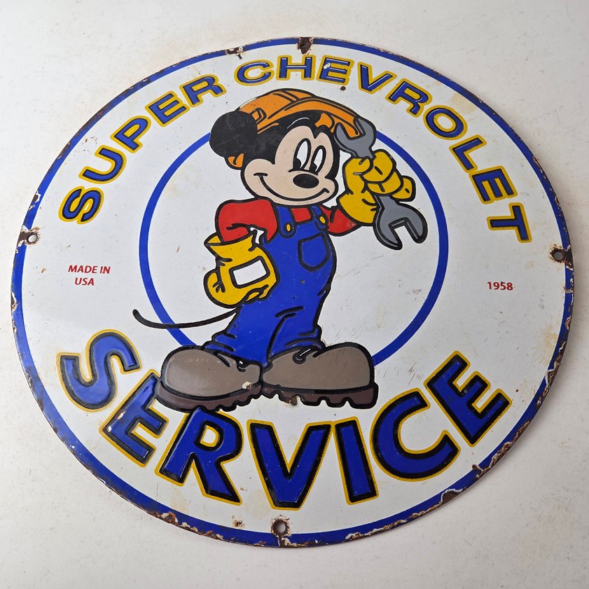 Vintage Super Chevrolet Sign - Porcelain Crossover Mickey Mouse Service Sign - Image 14
