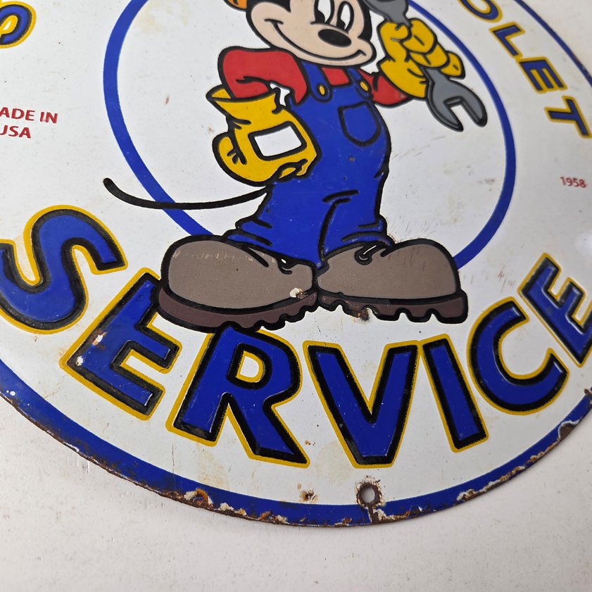 Vintage Super Chevrolet Sign - Porcelain Crossover Mickey Mouse Service Sign - Image 7