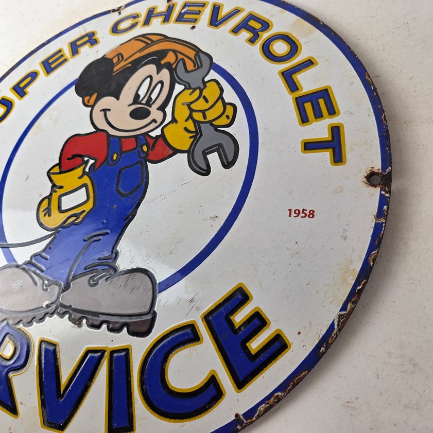 Vintage Super Chevrolet Sign - Porcelain Crossover Mickey Mouse Service Sign - Image 4