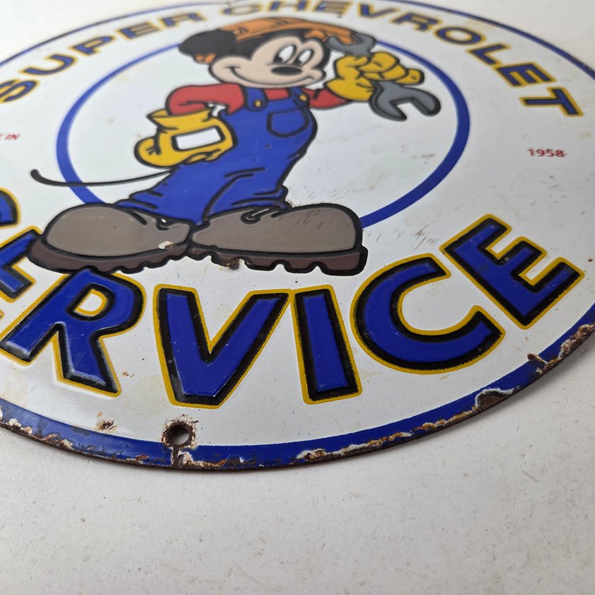 Vintage Super Chevrolet Sign - Porcelain Crossover Mickey Mouse Service Sign - Image 3