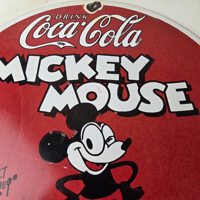 Vintage Coca Cola Sign - Refreshing Soda Mickey Mouse Gas Porcelain Disney Sign - Image 2
