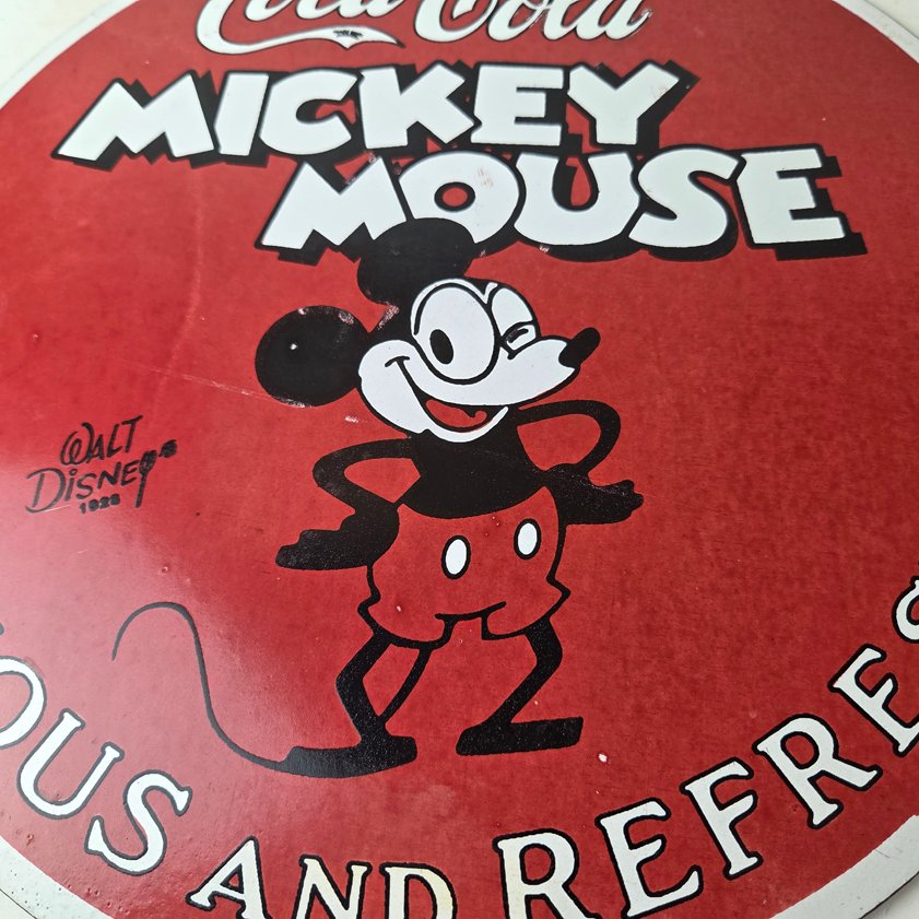 Vintage Coca Cola Sign - Refreshing Soda Mickey Mouse Gas Porcelain Disney Sign - Image 3