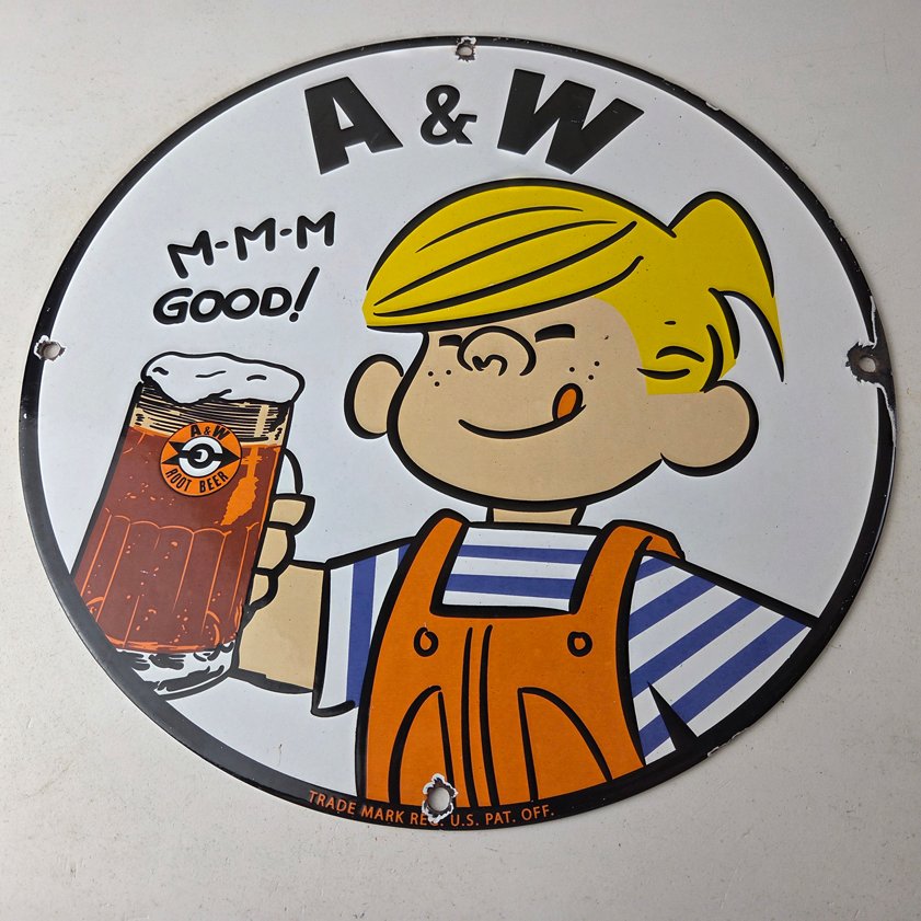 Vintage A&W Root Beer Sign - Dennis the Menace Porcelain Diner Gas Pump Sign - Image 14