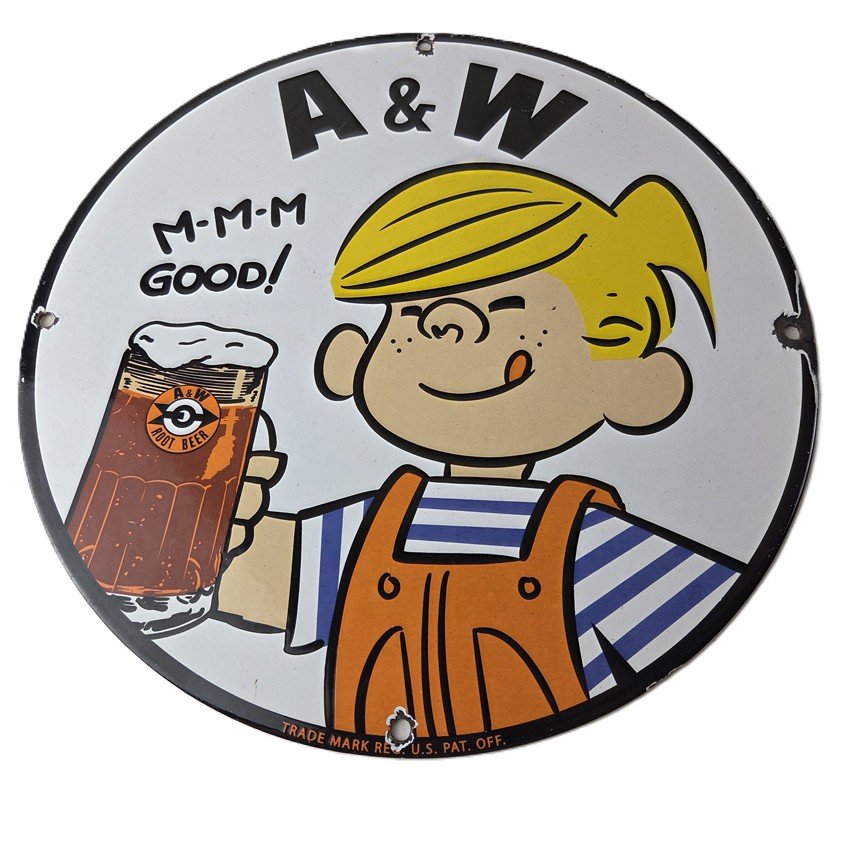 Vintage A&W Root Beer Sign - Dennis the Menace Porcelain Diner Gas Pump Sign
