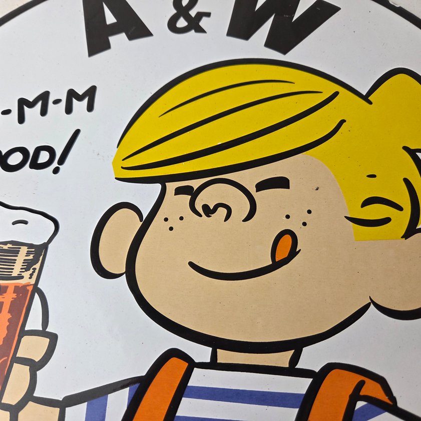 Vintage A&W Root Beer Sign - Dennis the Menace Porcelain Diner Gas Pump Sign - Image 2