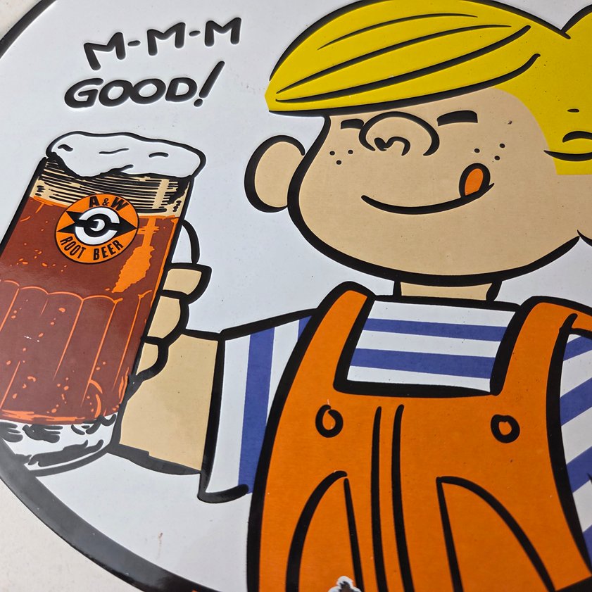 Vintage A&W Root Beer Sign - Dennis the Menace Porcelain Diner Gas Pump Sign - Image 3