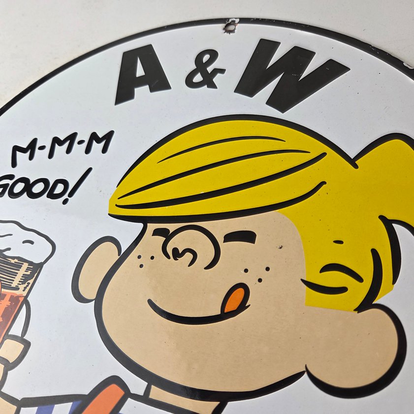Vintage A&W Root Beer Sign - Dennis the Menace Porcelain Diner Gas Pump Sign - Image 11