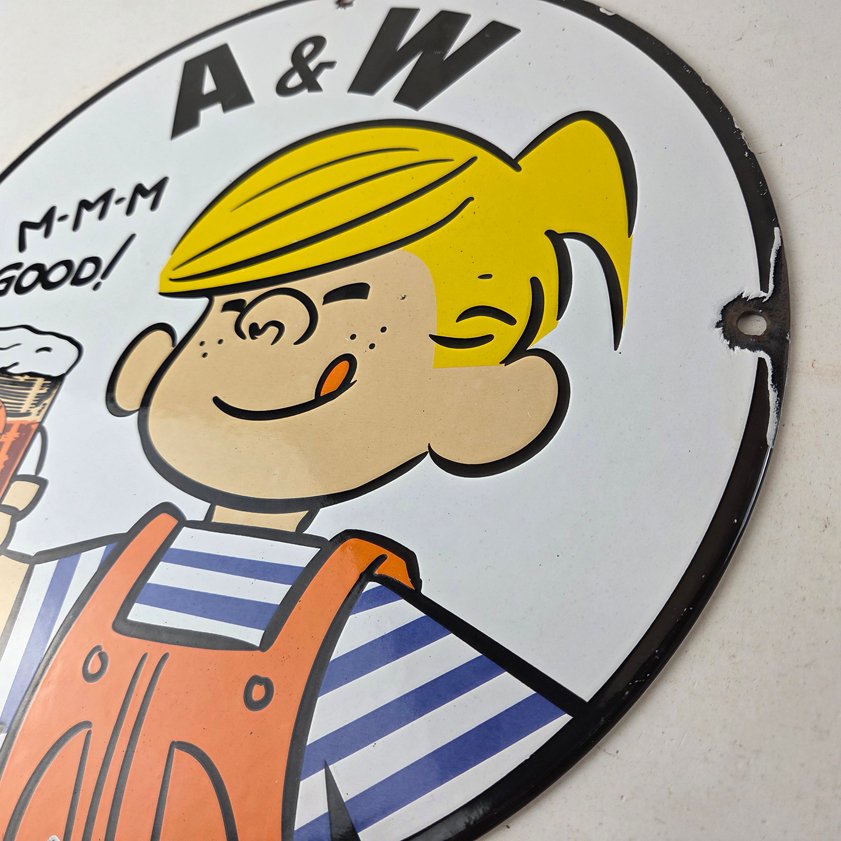 Vintage A&W Root Beer Sign - Dennis the Menace Porcelain Diner Gas Pump Sign - Image 12