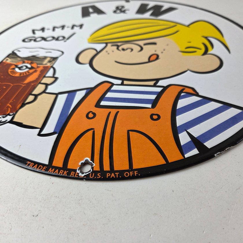 Vintage A&W Root Beer Sign - Dennis the Menace Porcelain Diner Gas Pump Sign - Image 8