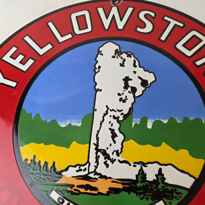 Vintage Yellowstone National Park Sign - Old Faithful Gas Pump Porcelain Ad Sign - Image 2