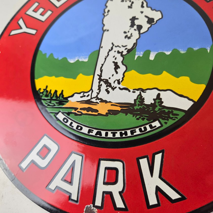 Vintage Yellowstone National Park Sign - Old Faithful Gas Pump Porcelain Ad Sign - Image 3