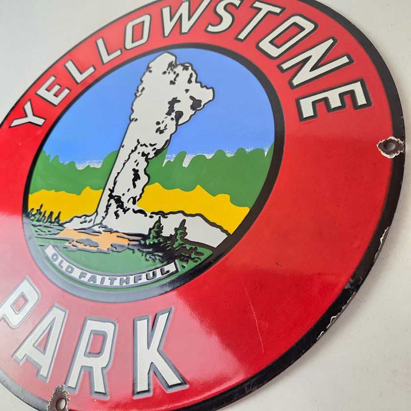 Vintage Yellowstone National Park Sign - Old Faithful Gas Pump Porcelain Ad Sign - Image 12