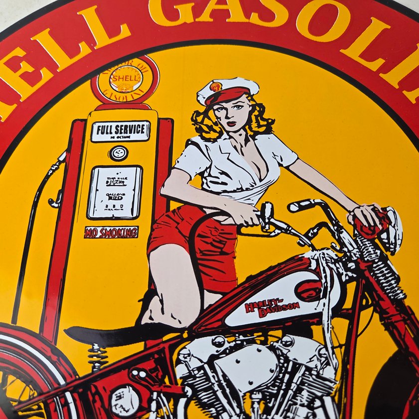 Vintage Shell Gasoline Sign - Motorcycle Gas Oil Pump Porcelain Sign - Image 2