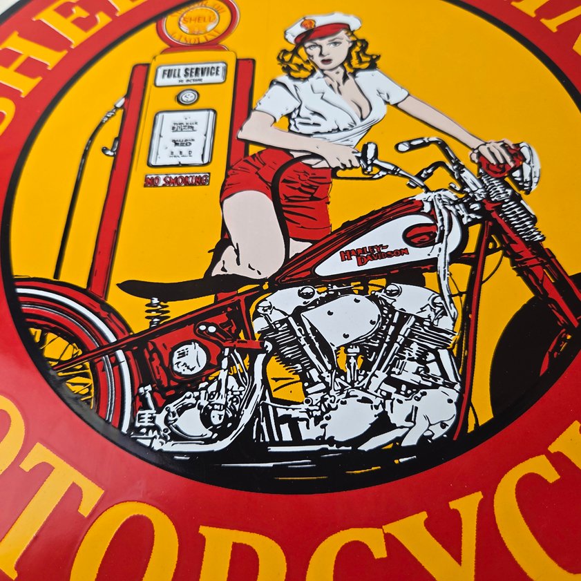 Vintage Shell Gasoline Sign - Motorcycle Gas Oil Pump Porcelain Sign - Image 3