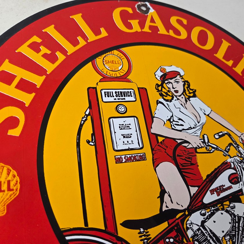 Vintage Shell Gasoline Sign - Motorcycle Gas Oil Pump Porcelain Sign - Image 4