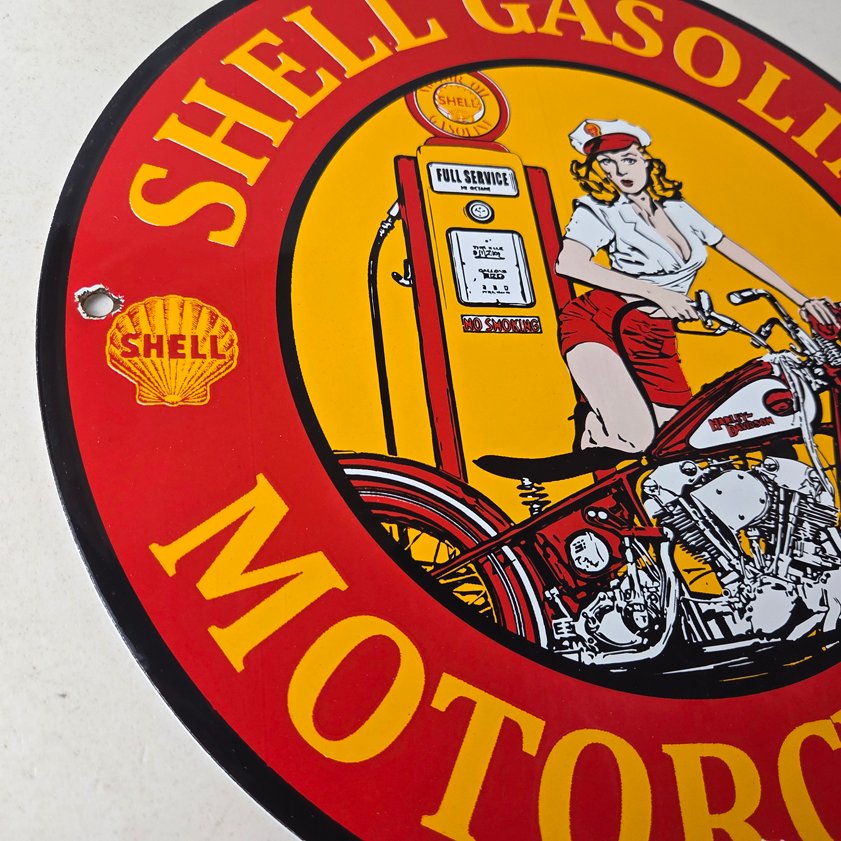 Vintage Shell Gasoline Sign - Motorcycle Gas Oil Pump Porcelain Sign - Image 5