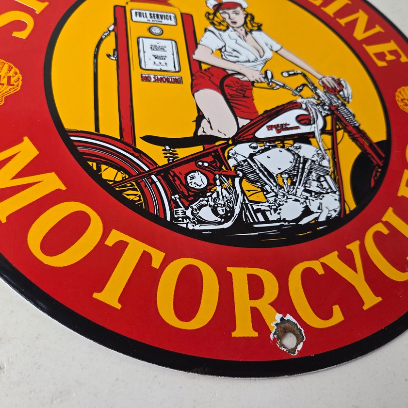 Vintage Shell Gasoline Sign - Motorcycle Gas Oil Pump Porcelain Sign - Image 10