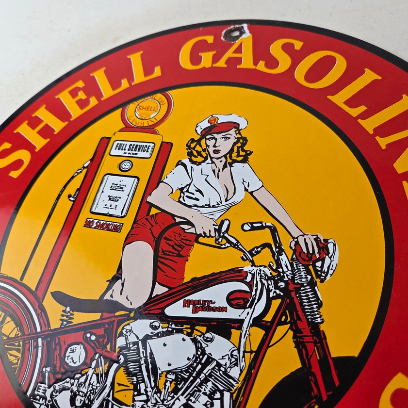 Vintage Shell Gasoline Sign - Motorcycle Gas Oil Pump Porcelain Sign - Image 11