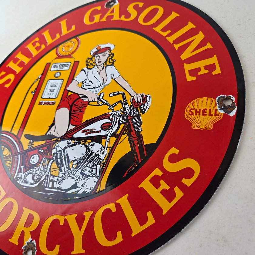 Vintage Shell Gasoline Sign - Motorcycle Gas Oil Pump Porcelain Sign - Image 12