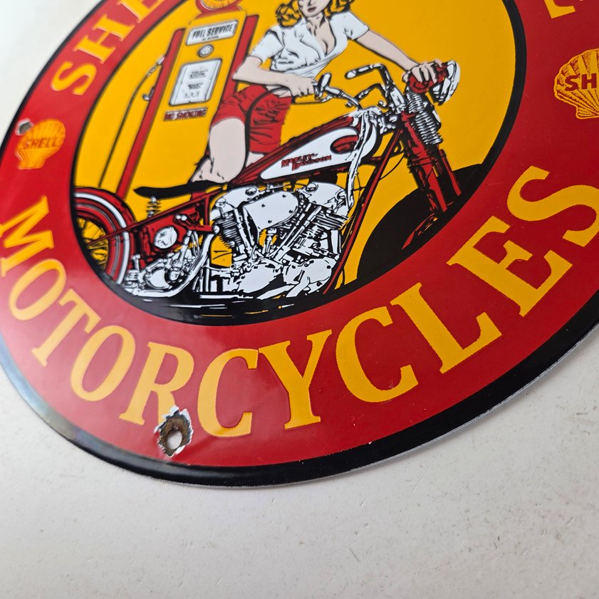 Vintage Shell Gasoline Sign - Motorcycle Gas Oil Pump Porcelain Sign - Image 13