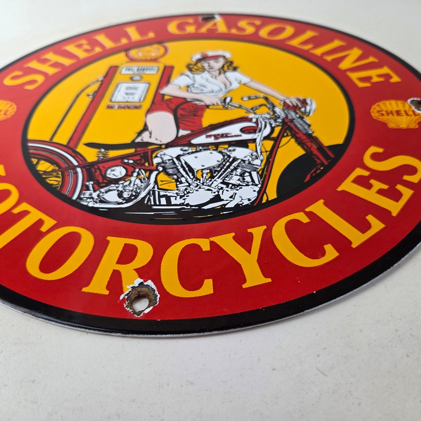 Vintage Shell Gasoline Sign - Motorcycle Gas Oil Pump Porcelain Sign - Image 9