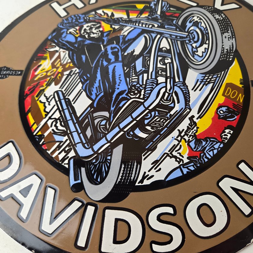 Vintage Harley Davidson Motorcycles Sign - Skull Outlaws Gas Pump Porcelain Sign - Image 3