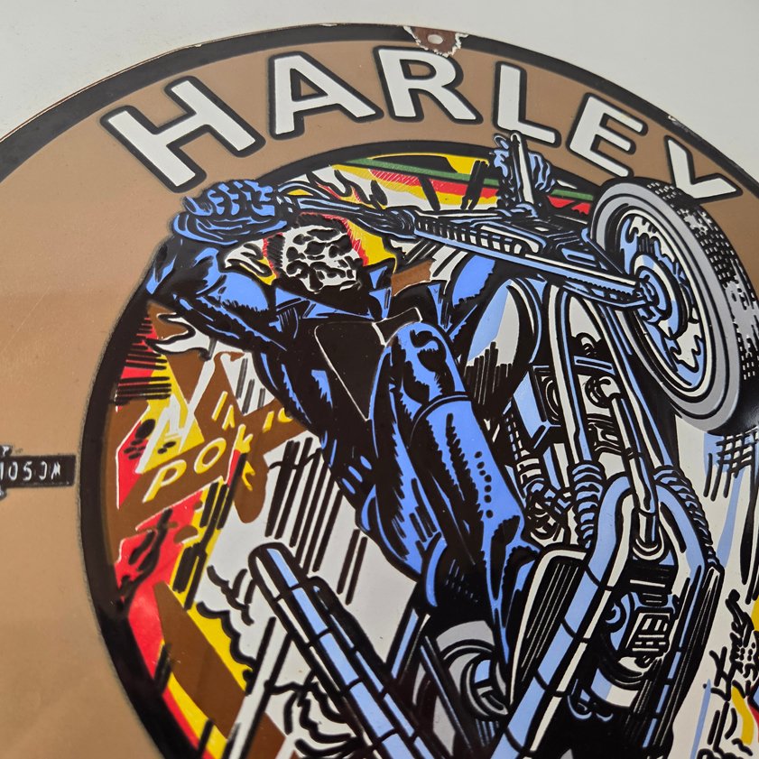 Vintage Harley Davidson Motorcycles Sign - Skull Outlaws Gas Pump Porcelain Sign - Image 4
