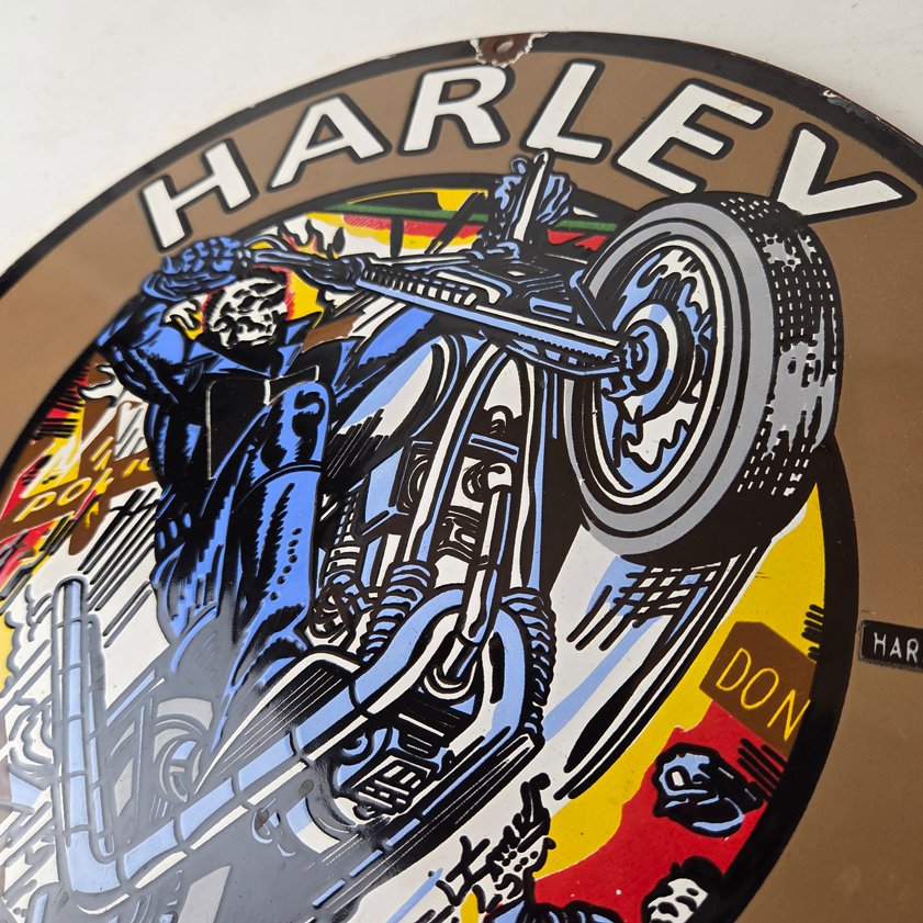 Vintage Harley Davidson Motorcycles Sign - Skull Outlaws Gas Pump Porcelain Sign - Image 11